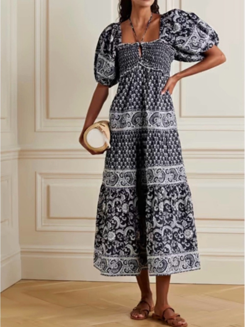 NWOT Sea New York Jasper Tiered Puff Sleeve Maxi Printed Boho Dress size Large